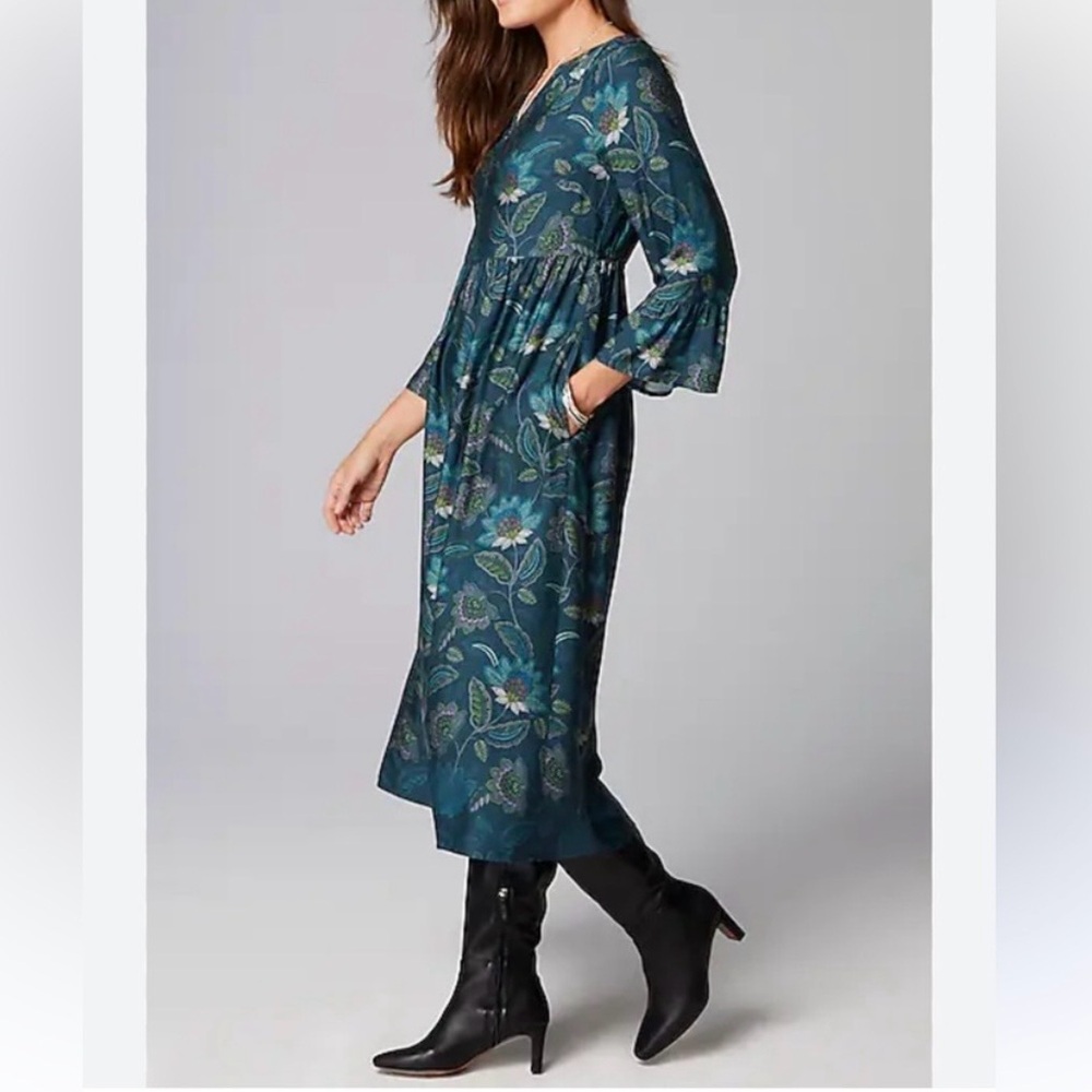 J. Jill Arboretum‎ Floral Bell Sleeve Midi Dress Teal Blue Green Size Large